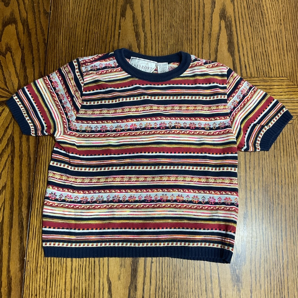 Multicolor short sleeve sweater navy trim S